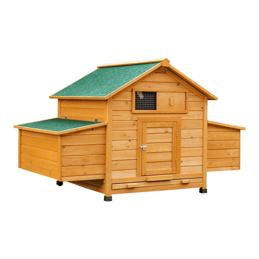 PawHut Wooden Chicken Coop with Nesting Boxes, a wooden chicken house with a green roof and two nesting boxes