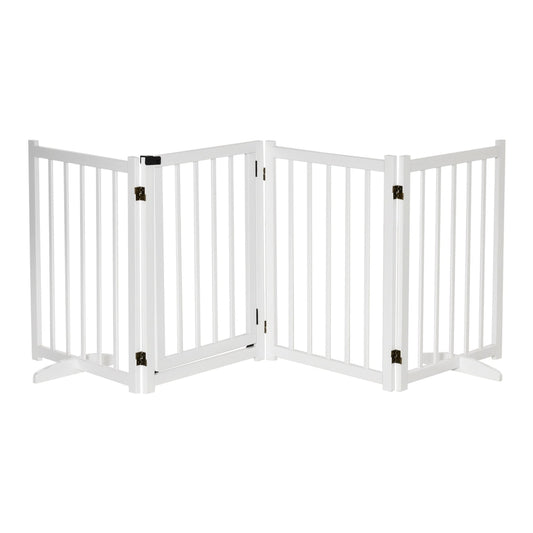 PawHut Wooden Dog Gate, a white four-panel freestanding pet barrier with support feet