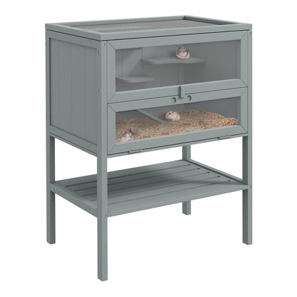 PawHut Wooden Hamster Cage, a grey three-tier house with two levels for pets and a storage shelf below