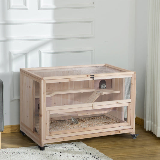 The hamster hutch is shown in a room with a rug and a wall, set up for use