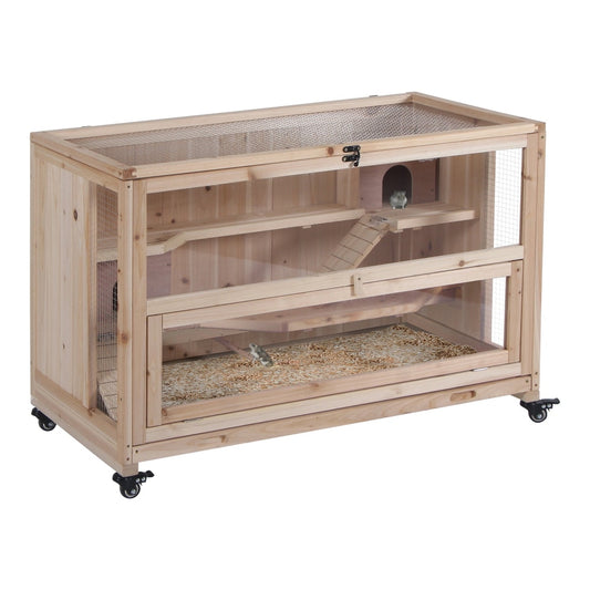 PawHut Wooden Hamster Cage, a three-tier natural wood hutch with wheels and a bottom tray