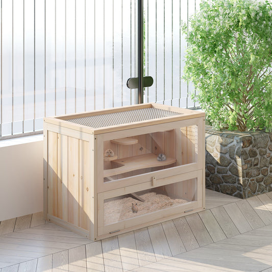 Wooden hamster hutch with bedding and a hamster inside, placed on a balcony