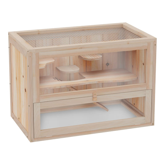 PawHut Wooden Hamster Cage with two levels, wooden platforms and a clear front panel