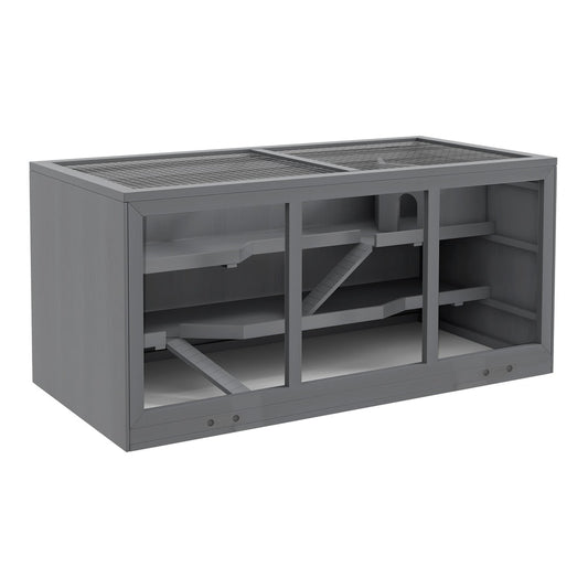 PawHut Wooden Hamster Cage, a grey three-level hutch with a wire mesh top and sides
