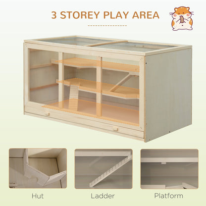 Three storey play area for a hamster cage, showing hut, ladder and platform