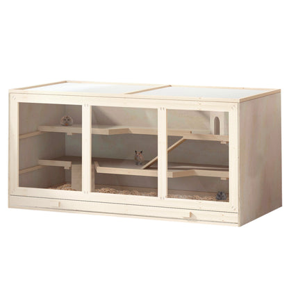 PawHut Wooden Hamster Cage with multiple levels and clear front panels showing hamsters inside