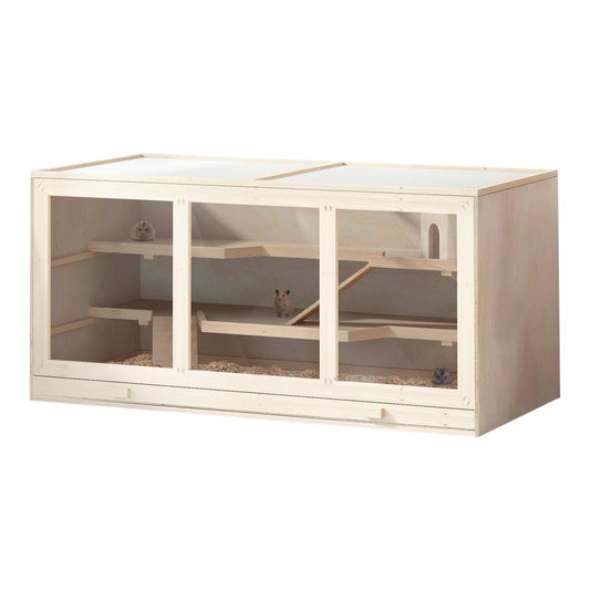 PawHut Wooden Hamster Cage with multiple levels and clear front panels showing hamsters inside