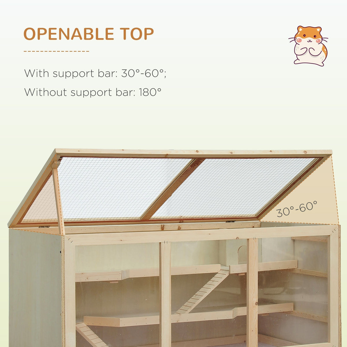 Openable top of the wooden hamster enclosure, showing ventilation and angle options