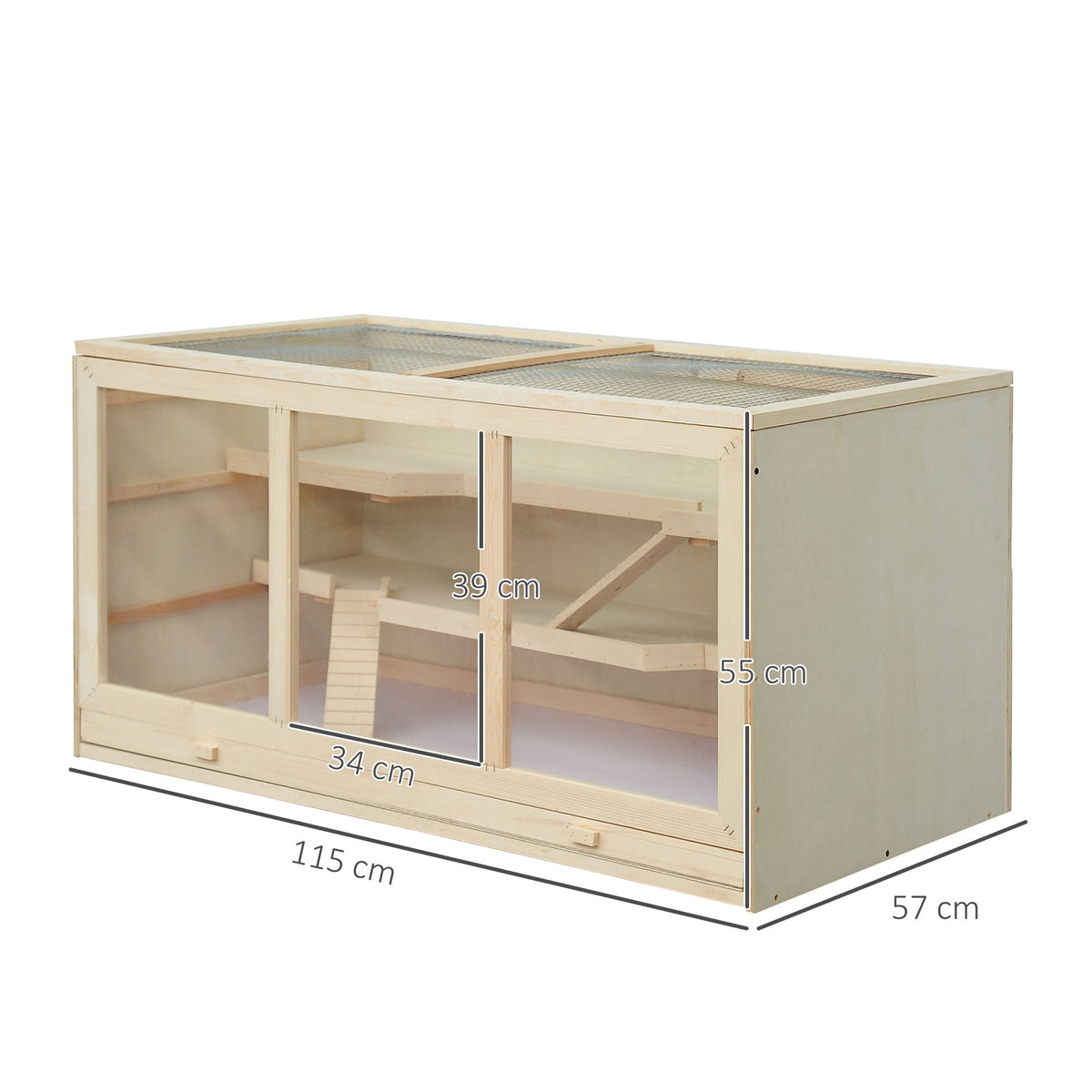 Wooden hamster cage with dimensions 115cm long, 57cm wide and 55cm high