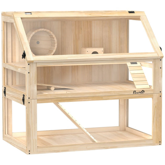 PawHut Wooden Hamster Cage with Detachable 31cm Deep Bottom, natural wood finish, two levels, wheel, hut and ramps