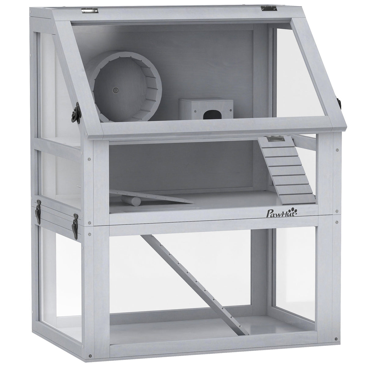 PawHut Wooden Hamster Cage with Detachable 32cm Deep Bottom, a multi-level wooden hamster hutch with an exercise wheel, hut