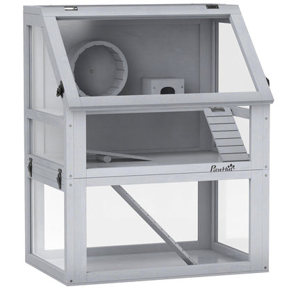 PawHut Wooden Hamster Cage with Detachable 32cm Deep Bottom, a multi-level wooden hamster hutch with an exercise wheel, hut