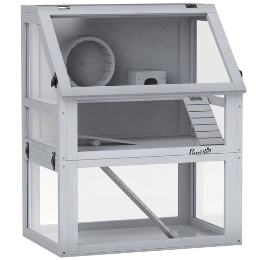 PawHut Wooden Hamster Cage with Detachable 32cm Deep Bottom, a multi-level wooden hamster hutch with an exercise wheel, hut