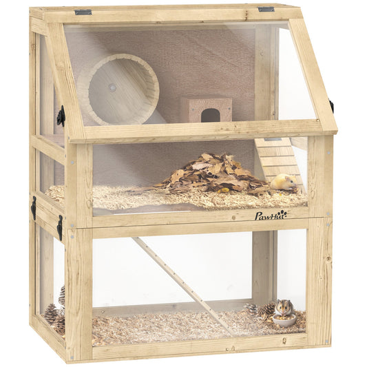PawHut Wooden Hamster Cage with Detachable 32cm Deep Bottom with hamsters inside