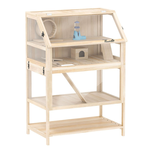 PawHut Wooden Hamster Cage with Detachable Lower Floor, a multi-level wooden hamster hutch with clear sides