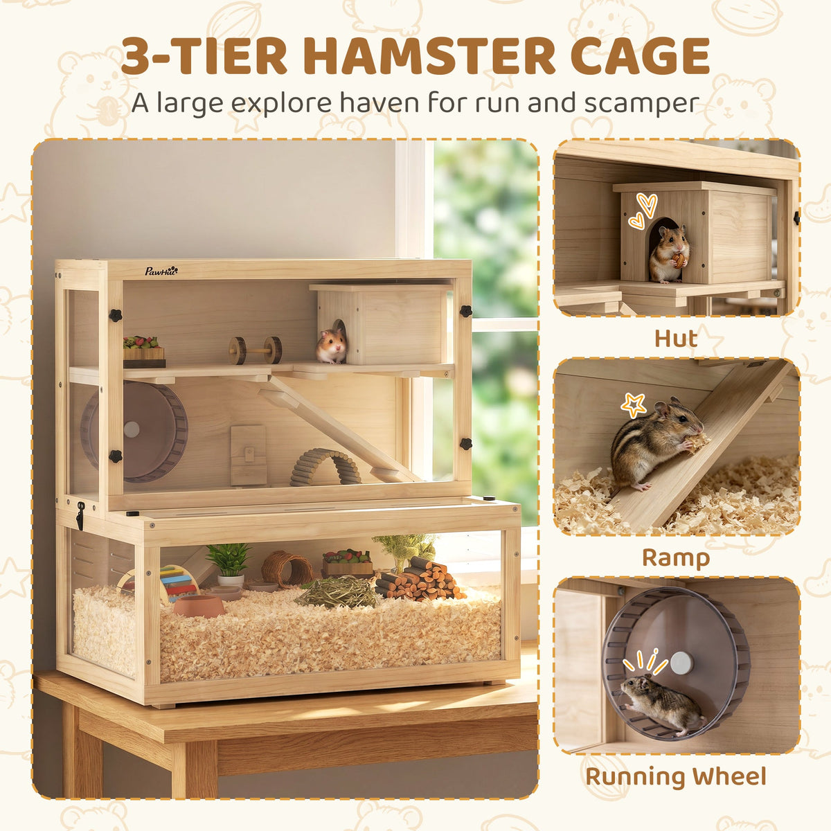 Three tier hamster cage with hut, ramp and running wheel shown in inset pictures
