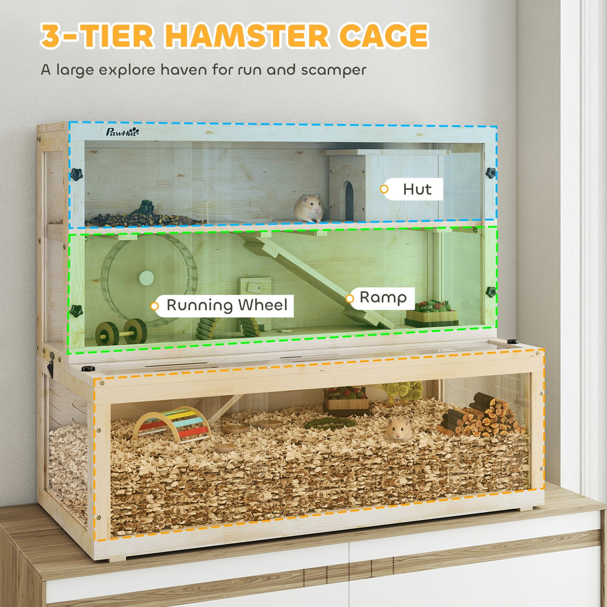 The wooden hamster cage with coloured overlays highlighting the three levels and accessories