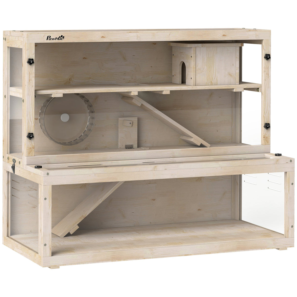 PawHut Wooden Hamster Cage with Hut showing the empty multi-level structure with ramps and wheel