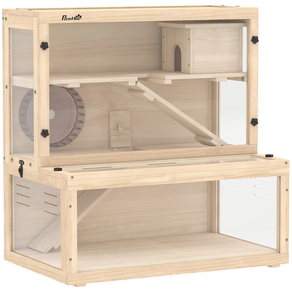 PawHut Wooden Hamster Cage with Hut, a two-tier natural wood home with clear panels, a wheel and ramps