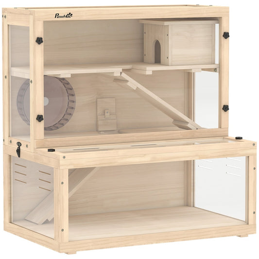 PawHut Wooden Hamster Cage with Hut, a two-tier natural wood home with clear panels, a wheel and ramps