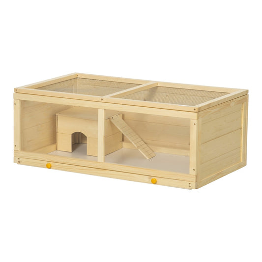 PawHut Wooden Hamster Cage with Sliding Tray featuring a natural wood finish and a wire mesh top