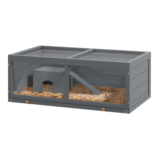 PawHut Wooden Hamster Cage with Sliding Tray featuring a grey finish and mesh top