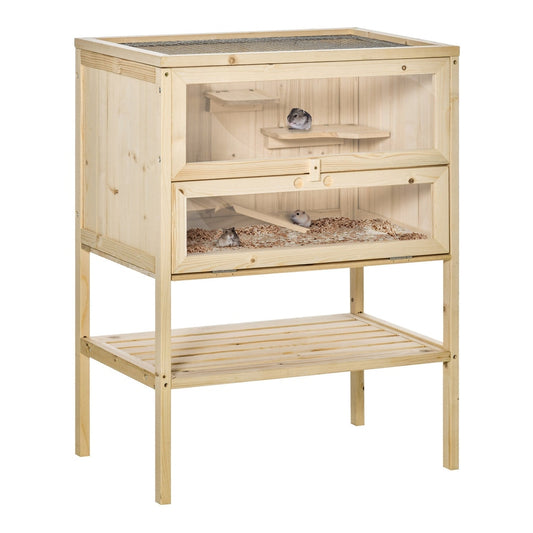 PawHut Wooden Hamster Cage with Storage Shelf, a natural wood small animal hutch with two levels and a storage shelf below