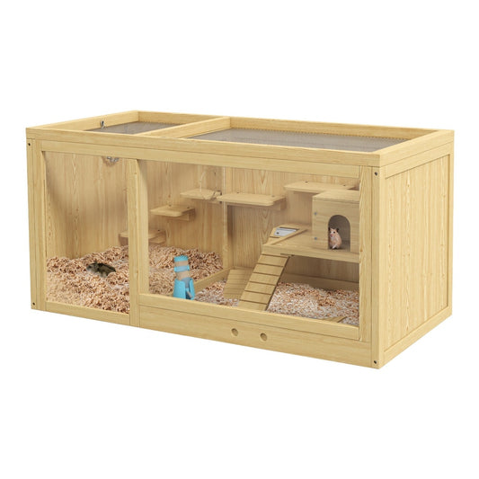 PawHut Wooden Hamster Cage with Water Bottle, platforms, hut and seesaws in a natural wood finish
