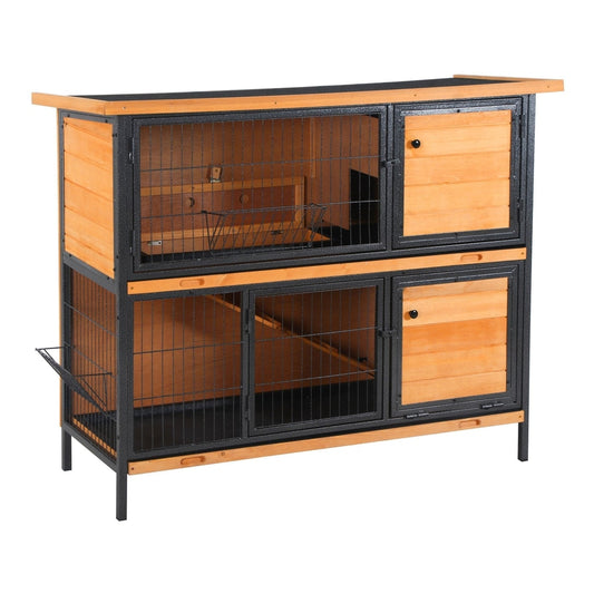 The two tier pet hutch featuring wire mesh panels and wooden doors against a white background
