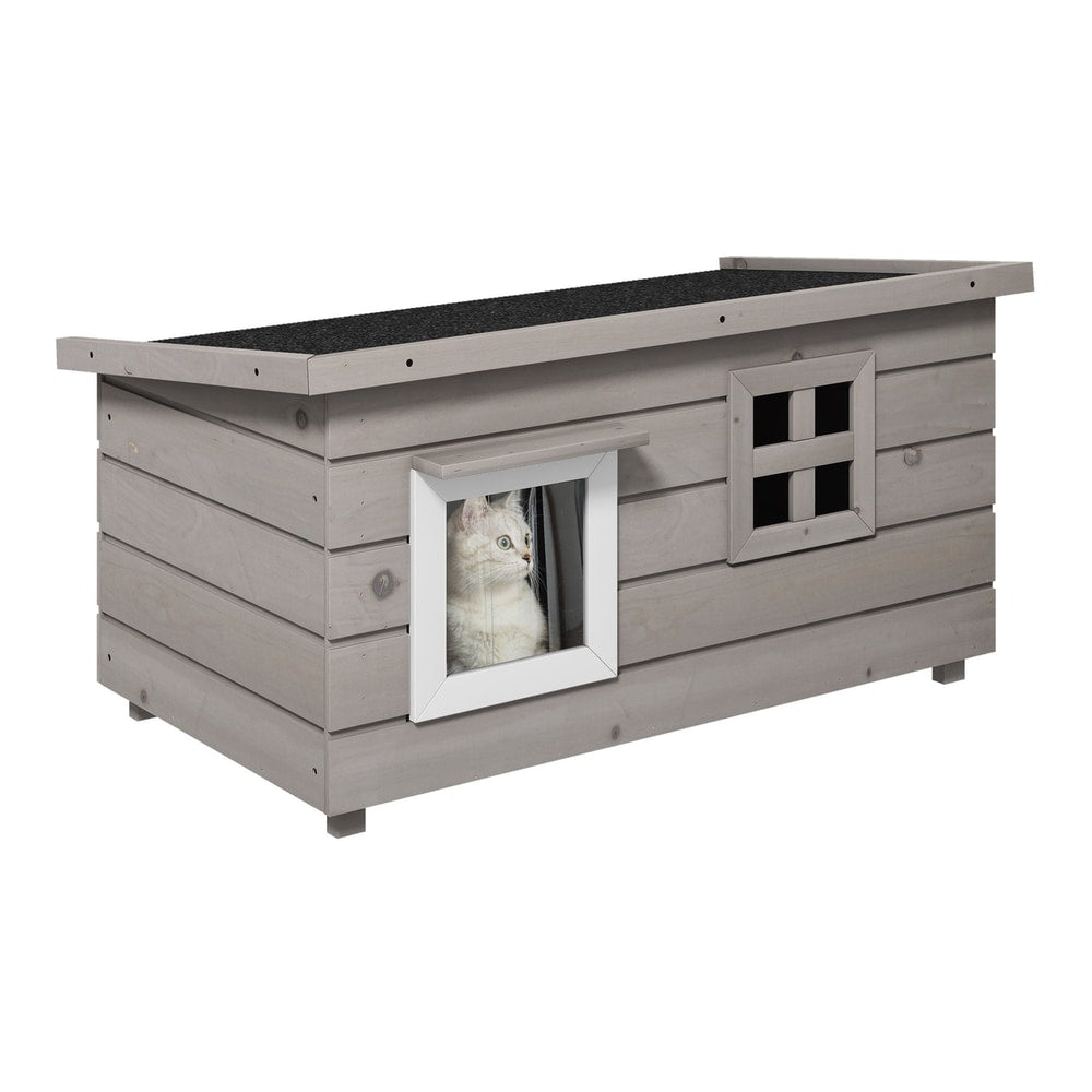 PawHut Wooden Outdoor Cat House, a grey wooden pet shelter with a pitched asphalt roof and two windows