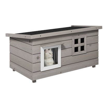PawHut Wooden Outdoor Cat House, a grey wooden pet shelter with a pitched asphalt roof and two windows