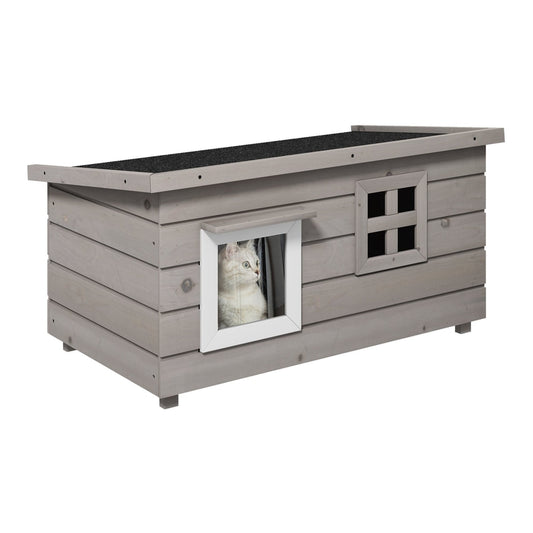 PawHut Wooden Outdoor Cat House, a grey wooden pet shelter with a pitched asphalt roof and two windows