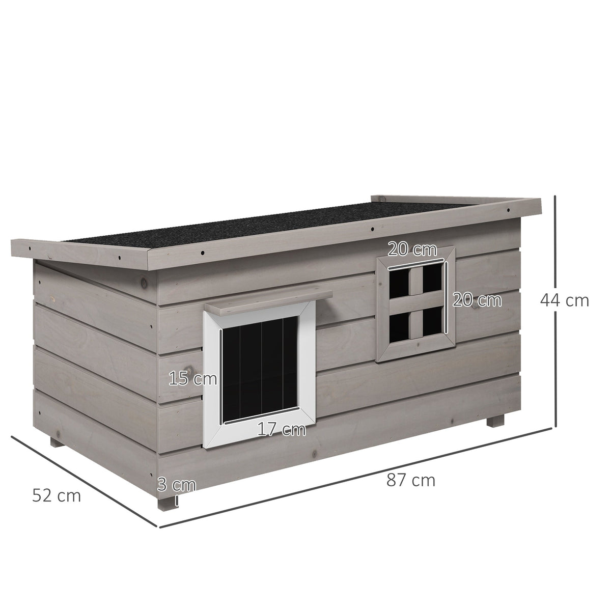 A grey wooden outdoor cat house with dimensions shown for length, width, and height