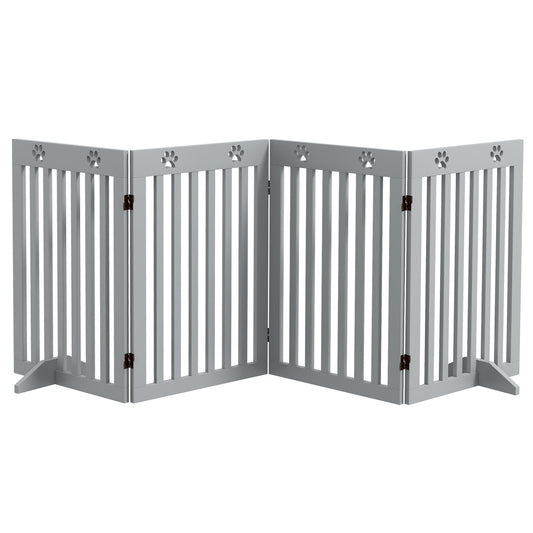 PawHut Wooden Pet Gate in grey with four folding panels and support feet on a white background