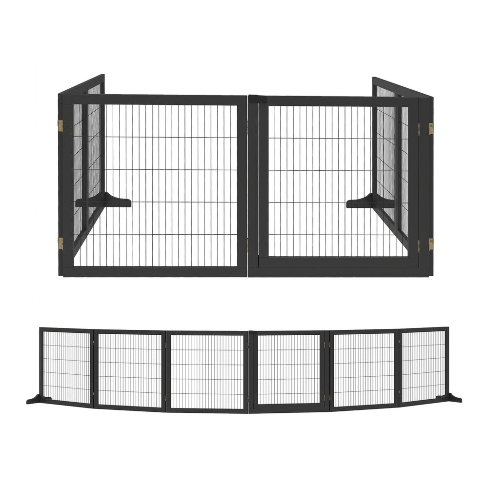 PawHut Wooden Pet Gate, a black freestanding barrier with two panels open