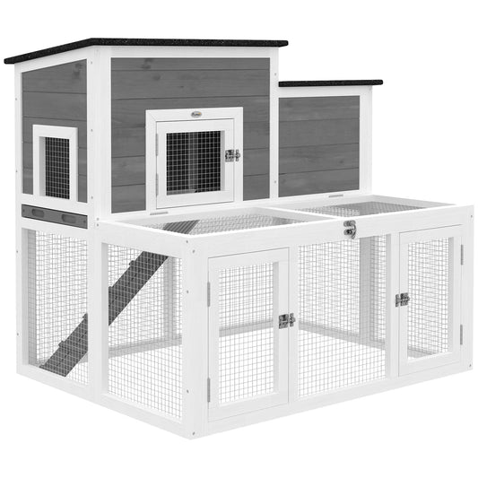PawHut Wooden Rabbit Hutch in Grey and Black and White