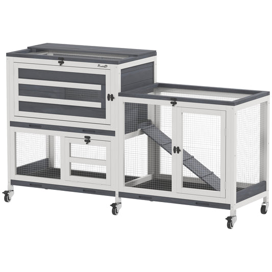 PawHut Wooden Rabbit Hutch with Run in Grey
