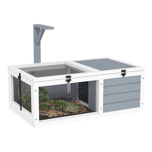 PawHut Wooden Tortoise Enclosure, a light grey and white wooden tortoise house with a mesh roof and sides