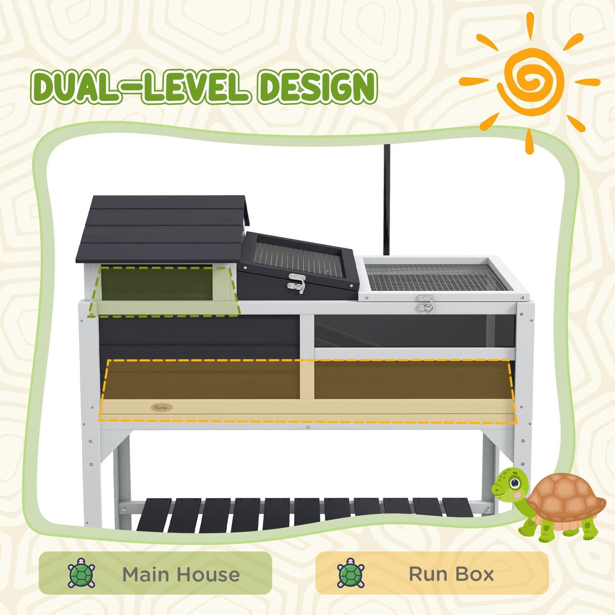 The reptile house highlighting the main house and run box areas with dashed outlines