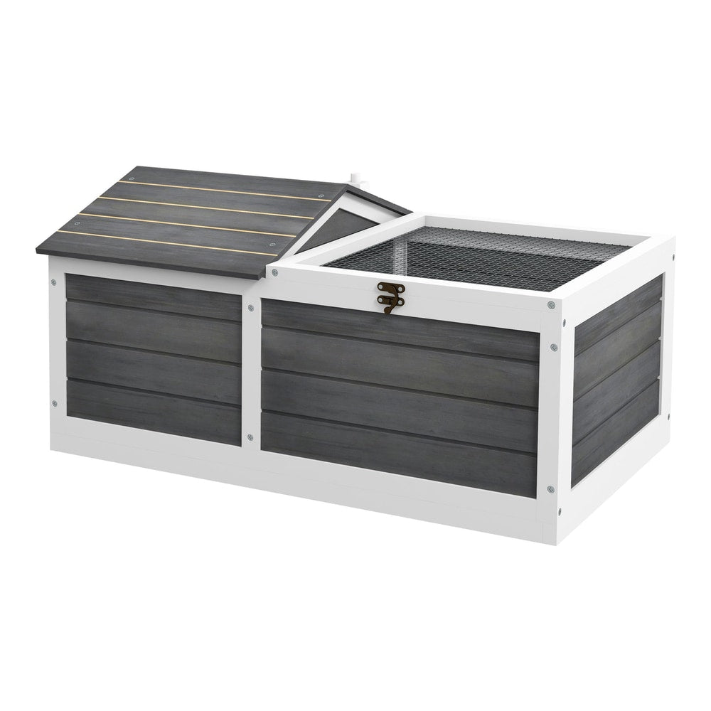 PawHut Wooden Tortoise House, a grey and white two-compartment shelter with a wooden roof and wire mesh top