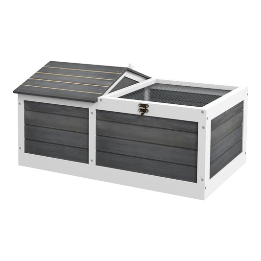PawHut Wooden Tortoise House, a grey and white two-compartment shelter with a wooden roof and wire mesh top