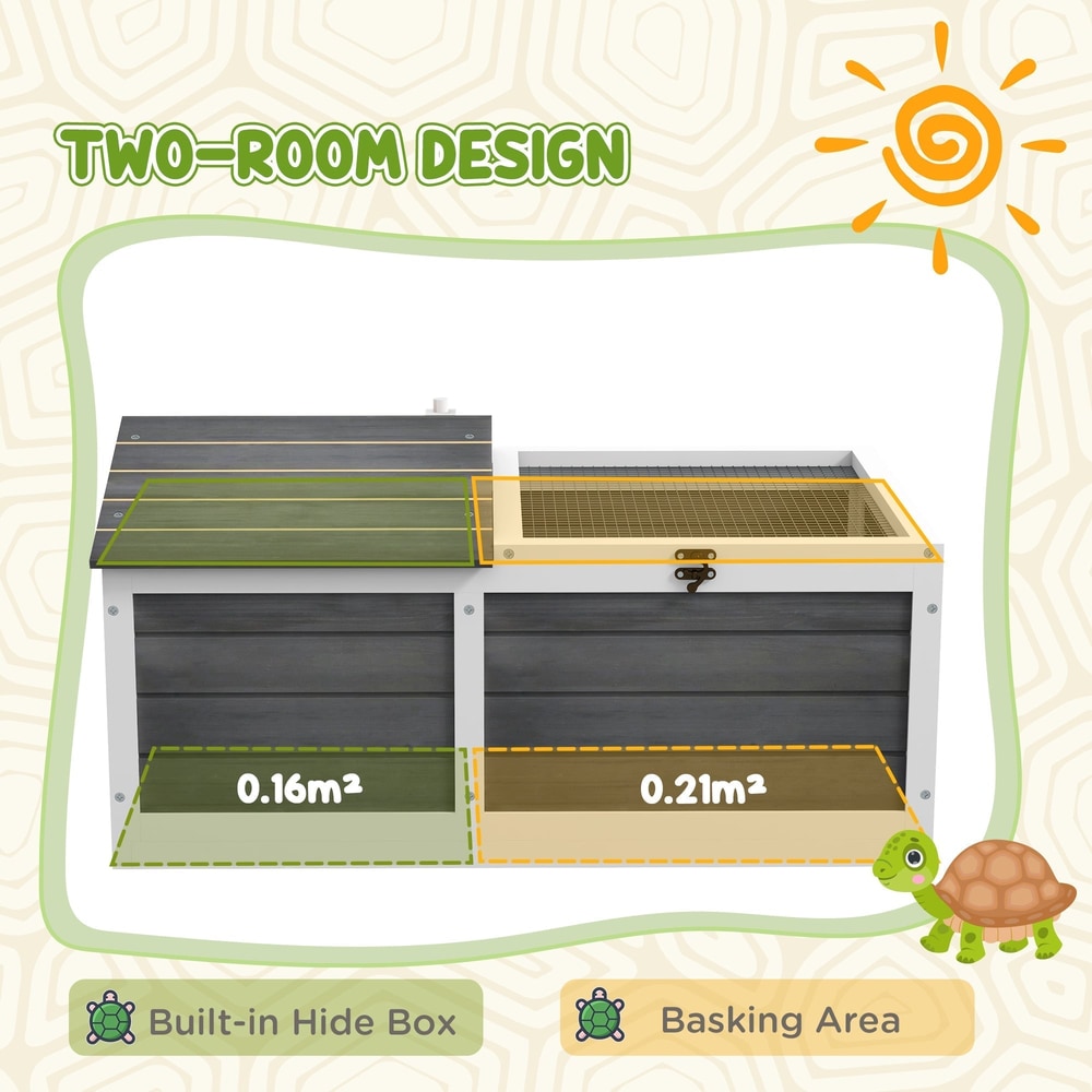 Two-room design of the reptile shelter showing the built-in hide box and basking area sizes