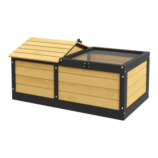 PawHut Wooden Tortoise House, a yellow and black wooden pet shelter with a sloped roof and a mesh top enclosure
