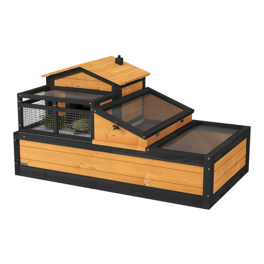 PawHut Wooden Tortoise House with Balcony, Tray, Roof, for Indoor and Outdoor, Yellow, front view