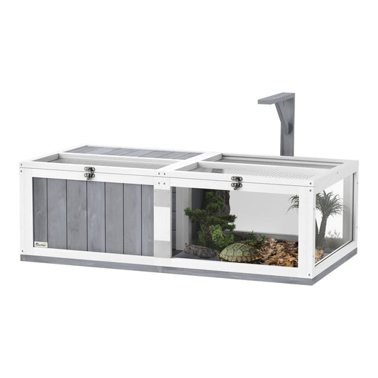 PawHut Wooden Tortoise House with Lamp Holder, light grey with clear windows and openable tops