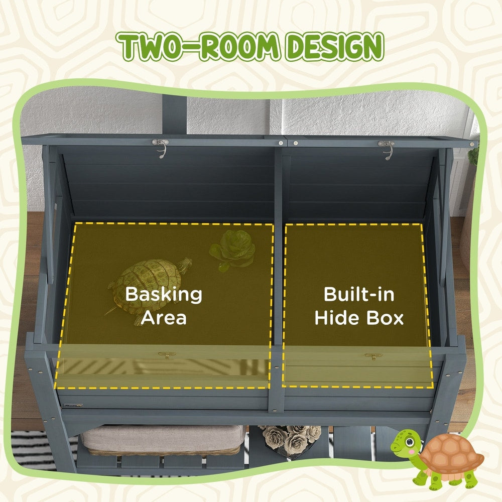The two-room design of the tortoise enclosure is highlighted