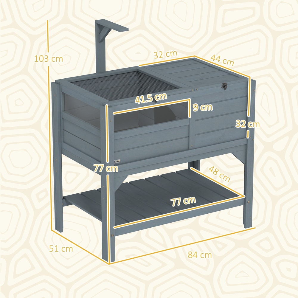 A diagram showing the dimensions of the grey wooden tortoise enclosure