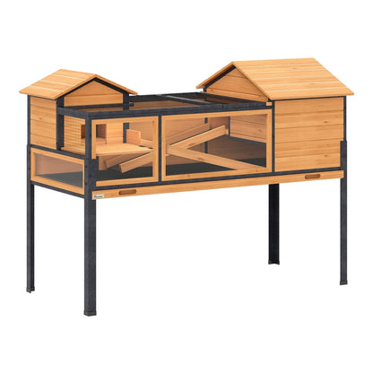 PawHut Wooden Tortoise House with Stand Legs, a two-level wooden tortoise enclosure with ramps and observation windows