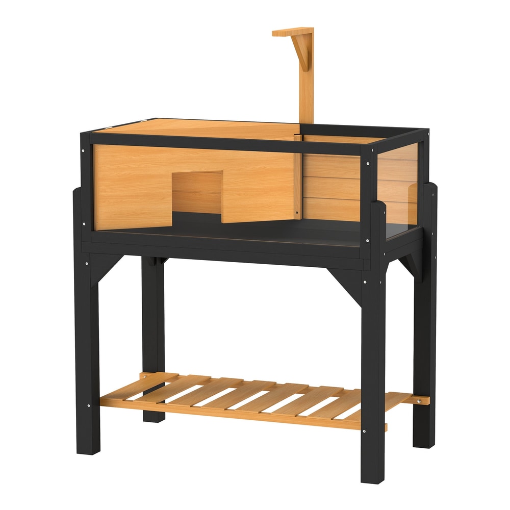 PawHut Wooden Tortoise House with Storage Shelf featuring a lamp holder and clear observation windows