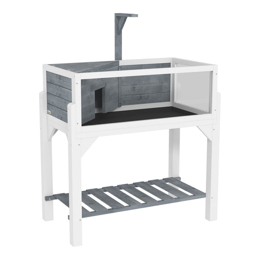 PawHut Wooden Tortoise House with Storage Shelf, a grey and white wooden tortoise enclosure with a shelf underneath